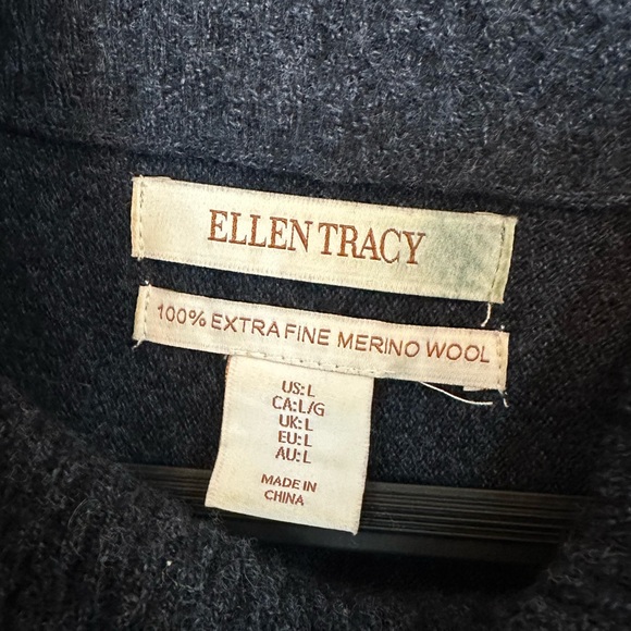 Ellen Tracy 100% Extra Fine Merino Wool Cowl Neck Cardigan Sweater Navy Blue - Picture 4 of 6